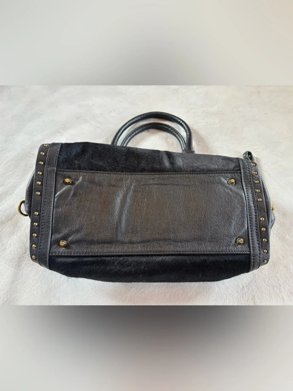 orYANY Brenda Black Calf Hair Leather Studded Satchel Bag